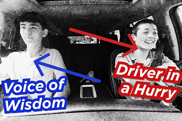 2 teen drivers with text that says voice of reason and diver in a hurry