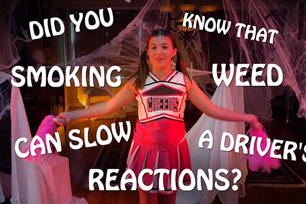 cheerleader with all the dangers of smoking weed and driving in words around her