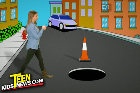 a girl walking toward a manhole with her cellphone on a cartoon background