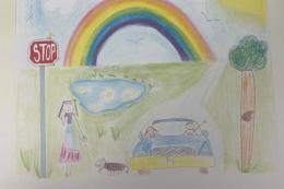 a drawing of a rainbow, trees, a car