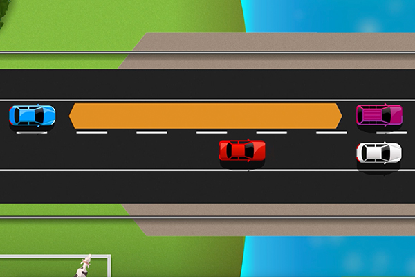 cars on the road with an arrow showing the distance between them