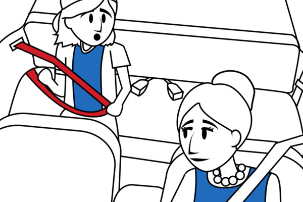 a drawing of a mom in the driver's seat waiting for her child in the back to put on his seatbelt